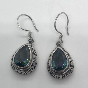 925 Sterling Silver Chunky Teardrop Rainbow Glass Filigree Hook Earrings | 1.3”